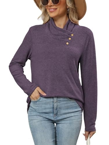 Image of Famulily Ladies Button Cowl Neck Lightweight Sweatshirt Long Sleeved Casual Jumper Tunic Tops for Leggings (M, Purple)