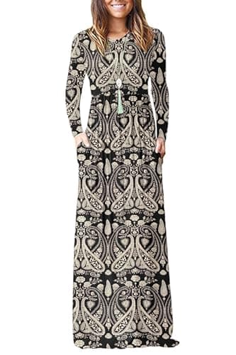 Image of AUSELILY Women's Casual Long Sleeve Maxi Dress Loose Long Dresses with Pockets Boho Floral Black L