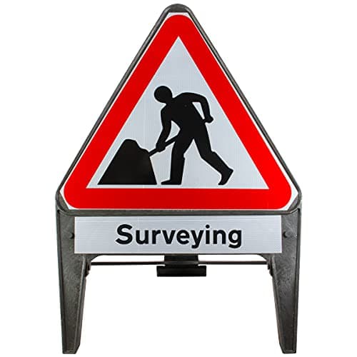 Image of Men At Work With Surveying Supplementary Plate 750mm Triangle Road Sign 7001 - Plastic Temporary Road Street Traffic Safety Sign for Road and Street Works - Freestanding with Reflective Sign Face