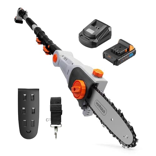 Image of VonHaus Pole Chainsaw Cordless – Long Reach Telescopic Extendable Cutter for Trees, Logs, Branches, Hedges – 20V Battery, Charger, Shoulder Strap, 180mm Cutting Width, 8 Inch Saw Length