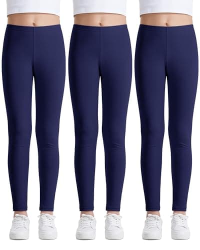 Image of Auranso Toddler Girls Leggings Basic Full Length Cotton Tights Pants 6-7 Years Navy