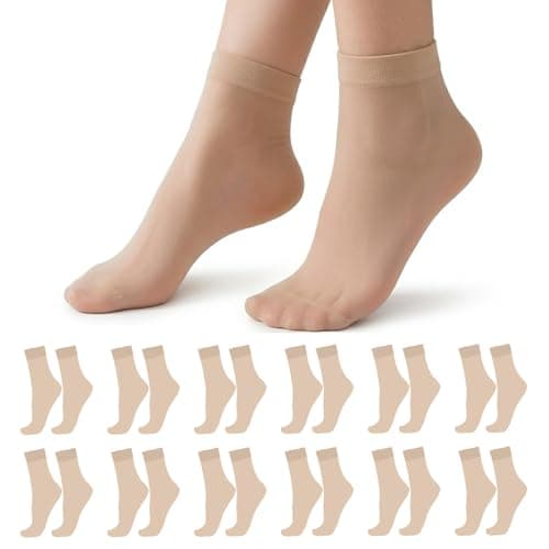 Image of Eirian 12 Pairs Women's Sheer Ankle Socks Transparent Nylon, Silky Breathable Hosiery, Comfortable Pop Socks for Short Dresses Daily Wear,Nude