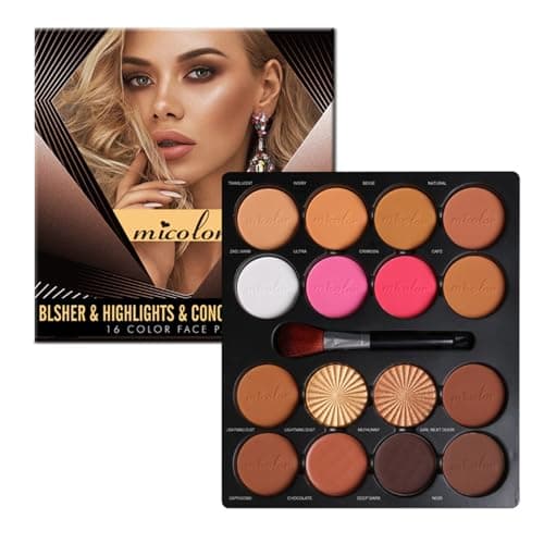 Image of Dynaeuty 16 Colors Blush Contour Highlighter Makeup Palette with Brush, Matte Face Blush Powder for Cheek, Bright Shimmer Bronzer Professional Facial Beauty Makeup Blushes Set