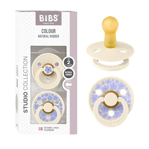 Image of BIBS Colour Studio Soother 2-Pack, BPA Free Dummy Pacifier, Round Nipple. Natural Rubber Latex, Made in Denmark, Size 2 (6-18 Months), Jasmine Ivory