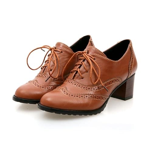Image of Women Classic Lace Up Mid Block Heels Casual Brogue Shoes Vintage Leather Shoes