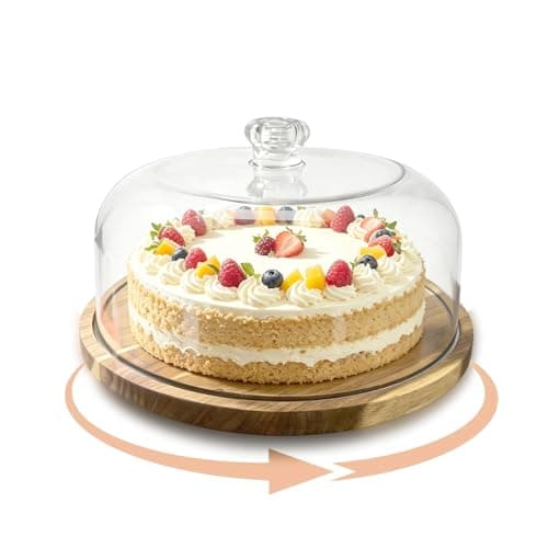 Image of Hniuyun Acacia Wood Rotating Cake Stand with Acrylic Dome Lid - 12 Inch 2-in-1 Display Platter for Cheeseboards, Desserts, Cakes & Party Snacks