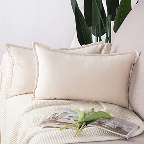 Image of Madizz Pack of 2 Super Soft Velvet Decorative Cushion Covers with Fringe Luxury Style Cushion Case Pillow Shell for Sofa Bedroom Beige 12x20 inch, 30x50 cm Rectangular