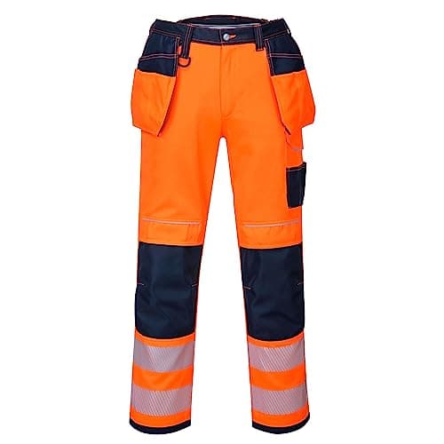 Image of Portwest PW3 T501 Mens Hi Vis Work Trousers Holster Pocket Polycotton Reflective Triple Stitched Kneepad Pocket Cargo Workwear Construction Builders Tradesman Heavy Duty, Regular, Orange/Navy, 30