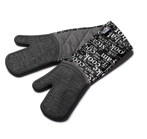 Image of Zeal Silicone Double Oven Gloves, Heat, Steam and Water-Resistant Mitts with Quilted Fabric Inner, Non-Slip Grip. Perfect for Cooking and Baking. Machine Washable, Black