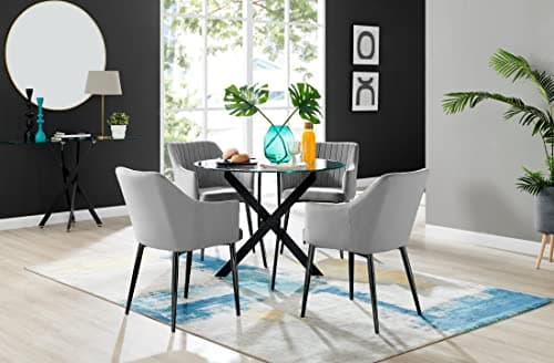 Image of Furniturebox UK Novara Black Leg Round Glass Dining Table & 4 Grey Calla Black Leg Chairs