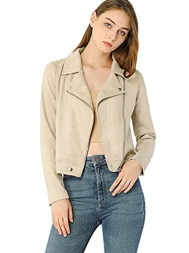 Image of Allegra K Women's Short Jacket Soft Moto Zip Up Pockets Faux Suede Biker Jackets Beige M