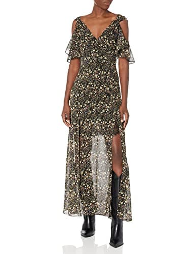 Image of French Connection Women's Hallie Crinkle Cutout Shoulder Maxi Dress Casual, Black Multi, 10