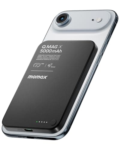 Image of MOMAX Magnetic Power Bank 5000mAh, Ultra-Slim MagSafe Battery Pack for iPhone 17/16/15/14/13 Series, 7.5W Wireless & 20W PD Fast Portable Charger, Aluminium Alloy Power Bank Magsafe, Black