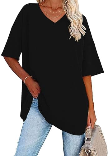 Image of WNEEDU Women Summer T Shirts V Neck Loose Casual Ladies Plus Size Tops Short Sleeve Tee Black 3XL