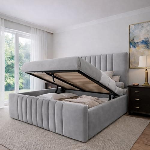 Image of J&S BEDS Velvet Serenity Luxury Panel Bed Frame with Headboard Elegant Bedroom Centrepiece 5ft King Size Bed Only - Silver With Storage Ottoman GasLift