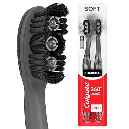 Image of Colgate 360 Vibrate Charcoal Battery Operated Toothbrush Pack, Disposable Electric Toothbrushes with 1 AAA Battery Included, Whole Mouth Clean, 2 Pack, Black