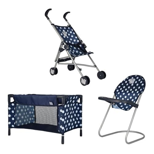 Image of Dolly Tots Junior Nursery Playset | Navy & White 3 Piece Nursery Playset Doll Highchair, Stroller & Cot | Prams, Pushchairs and Dolls Accessories For Kids Boys & Girls | 3+