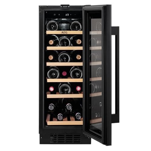 Image of AEG 5000 Series Integrated Wine Cooler 82 cm / 20 Bottle Capacity Wine Fridge, AWS4020B5B, Single Zone 5-18 °C, Black Glass Door Light-protecting, LED Illumination and Wooden Shelves, 40 dB