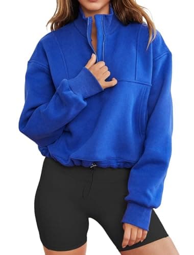 Image of LACOZY Womens Long Sleeve Collar Sweatshirts 1/2 Zip Up Loose Fit Plain Sweatshirts Pullover Outwear with Pocket Blue S