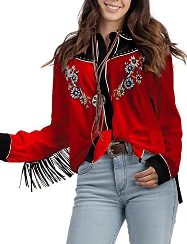 Image of JOHN MOON Women's Embroidered Western Long Sleeve Buttons Down Shirts Collared Retro Casual Blouses Shirts, Red, M