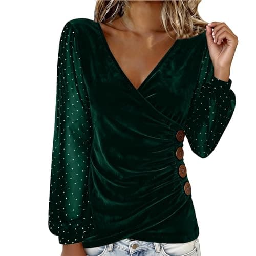 Image of Velvet Tops for Women Elegant Cowl Neck Pleated Blouse Dressy Casual Going Out Puff Long Sleeve Tops Autumn Clothes (Z07-Green, L)