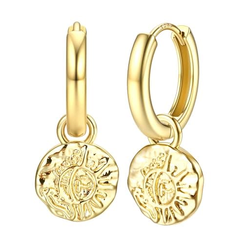 Image of Dochais 14K Gold Plated S925 Sterling Silver Post Earrings Lightweight Drop Dangle Hoop Hypoallergenic Sleeping Earrings for Women girls, with Charm Coin, Pearl, Lightening, Star, Cross (Gold1)