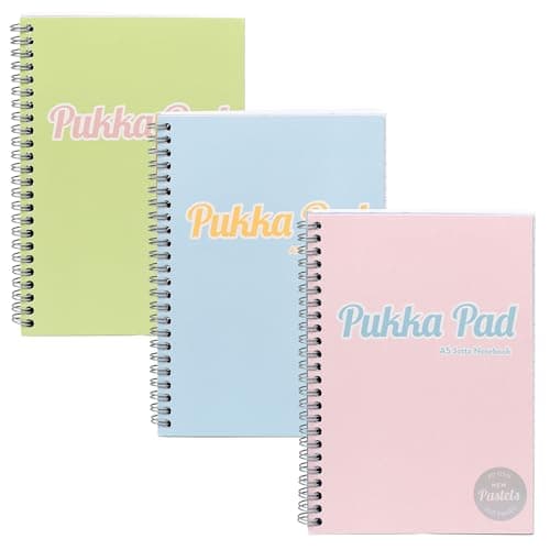 Image of Pukka Pad Pastel A5 Jotta Notebooks – Pack of 3 Wirebound Notepads with 200 Pages, 100 Sheets of 80GSM 8mm Feint Ruled Paper and Perforated 4-Hole Punched Margins – Pink, Blue, & Green, 29.7 x 22.4 cm