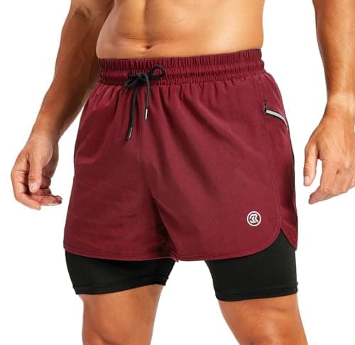 Image of Men's 2-in-1 Running Shorts with Side Pockets, Zippered Compression Lining, Moisture-Wicking - Suitable for Sports, Fitness, and Everyday wear Wind Red L