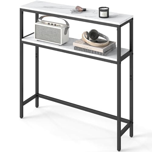 Image of VASAGLE Console Table, 2-Tier Slim Sofa Table, 20 x 80 x 80 cm, Hallway Table with 2 Shelves, for Living Room, Entryway, Marble White and Ink Black LNT130W59V1