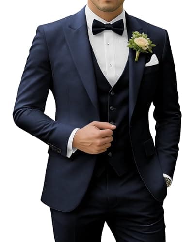 Image of SPTALLFITJSV Men's 3 Piece Suits Slim Fit Peak Lapel 2 Button Blazer Jacket Vest Pants Set Wedding Business Prom Party Suit, Navy Blue, 4XL