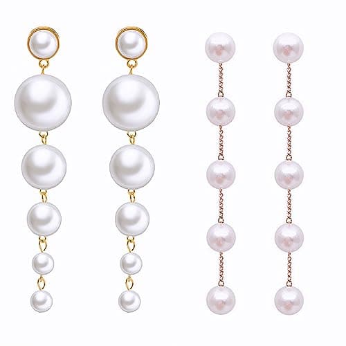 Image of Liitata 2 Pairs Long Pearls Dangle Earrings Boho Pearl Drop Dangle Earring Stud Tassel Pearl Earrings Pearl Chain Earrings for Girls Women