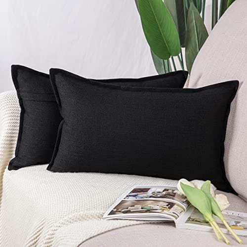 Image of Madizz Set of 2 Faux Linen Cushion Covers 12x20 inch, 30x50 cm, Black Soft Decorative Couch Pillows for Bed Pillowcases for Sofa Livingroom Home Decor