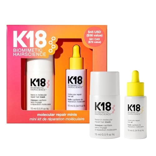 Image of K18 Molecular Repair Minis Kit, Leave-In Molecular Hair Mask & Lightweight Repair Oil, Repairing Hair Duo to Strengthen & Smooth Frizz, For All Hair Types, Travel Size, 15ml & 10ml