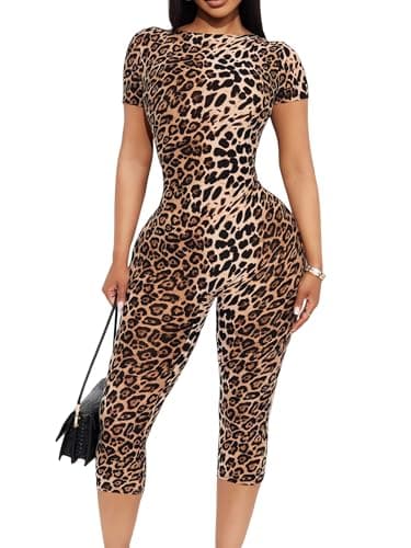Image of Leopard Jumpsuit for Women, Cheetah Print Short Sleeve Round Neck Bodycon Romper for Party Club Outfits Going Out, Stretchy Slim Fit Backless One Piece Yoga Playsuit for Workout Fitness Daily Wear