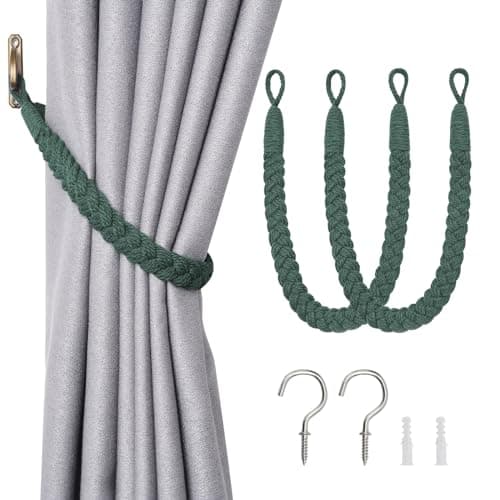 Image of Pretty Jolly 2 Pack Natural Cotton Rope Curtain Tiebacks Elegant Boho Style Decorative Drape Tie Backs Soft Hand-Woven Rope Curtain Holdbacks with Metal Hook for Home & Office Drapery (Dark Green)