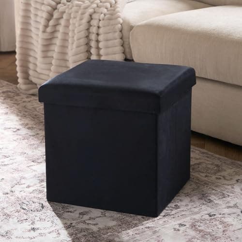 Image of OHS Cube Storage Ottoman Matte Velvet, Upholstered Black Ottoman Storage Box Space Saving Footrest with Hidden Storage & Lid For Livingroom Bedroom or Office, One Size
