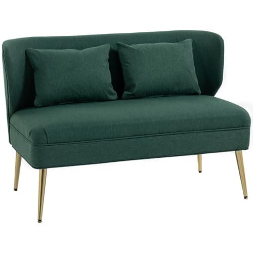 Image of HOMCOM 2 Seater Sofa, Linen-look Fabric Upholstered Small Sofa with Wing Back, Thick Seat, Metal Legs, Loveseat for Living Room, Bedroom, Home Office, Studio, 117 cm, Dark Green