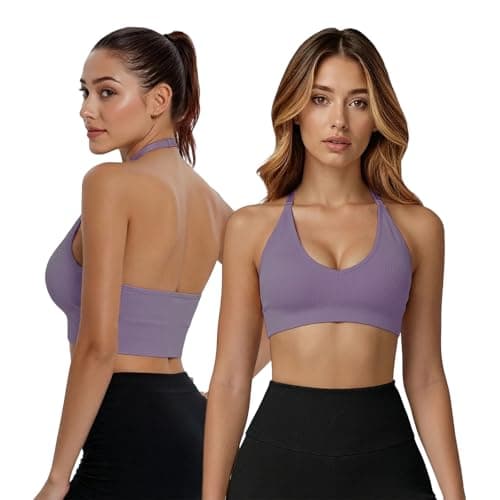 Image of Fiohiros Deep V Neck Sports Bras for Women, Seamless Open Back Removable Pads Adjustable Neck Strap Wireless Workout Yoga Crop Top Bra (UK, Alpha, M, Regular, Regular, Purple)
