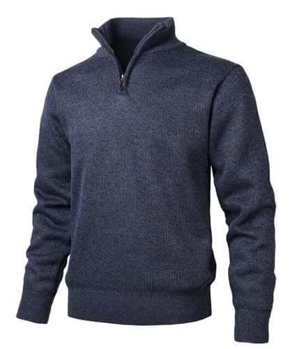 Image of Herothorn Men's Half Zip Sweater Jumper Fleece Lined Knit Stand Up-Collar Pullover Warm Long Sleeve Knitwear Tops Navy Blue
