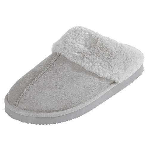 Image of Autumn Faith Ladies Slippers Luxury Womens Microsuede Mules Upper White Fleece Lining Non-Slip Tough EVA Sole Grey 6 UK