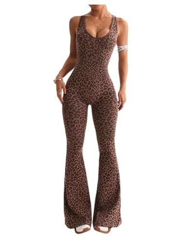 Image of GORGLITTER Women's Leopard Print Gym Jumpsuit Ribbed One Piece Unitard V Neck Flared Leg Backless Sport Yoga Gym Outfit Coffee Brown Large