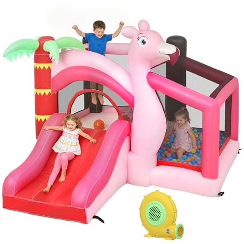 Image of AIYAPLAY Bouncy Castle for Kids with Slide, Ball Pit and Basketball Hoop, 4-in-1 Jumping Bounce House with Blower for Indoor Outdoor Garden Party, Pink