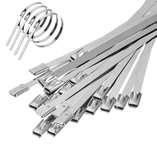 Image of HOTUT Metal Cable Ties,20pcs 4.6×300mm 304 Stainless Steel Zip Ties,Heavy Duty Strong Metal Premium Self Locking Wrap for Exhaust Wrapping,Binding Tie,Garden Repair,Fixed Fence