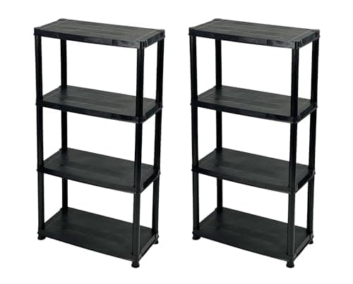Image of Addis 4 Tier Plastic Storage Shelving Units Twin Pack – Durable Freestanding Organiser for Garage, Shed, Utility Room, or Home – Space-Saving Easy Assembly Plastic Black