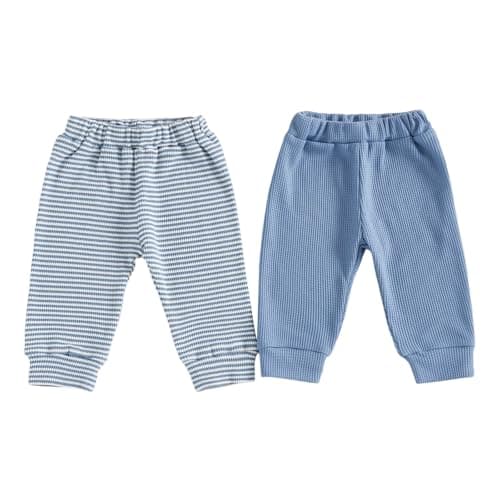 Image of Toddler Baby Boy Trousers Newborn 2 Pack Jogger Set Elastic Waist Solid Color or Striped Pants Waffle Bottoms Spring Fall Winter Clothes 0-3Y (Blue, 18-24 Months)
