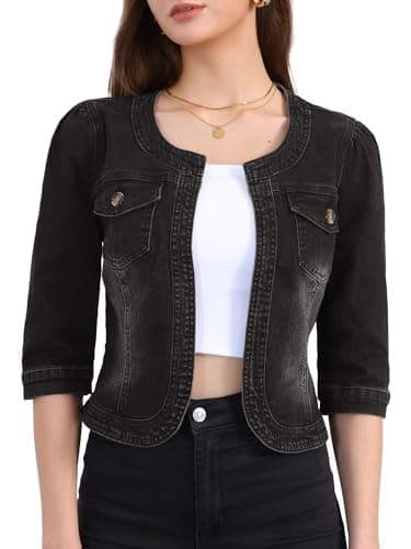 Image of Allegra K Women's Short Denim Jacket Collarless 3/4 Sleeve Jean Jackets Black L