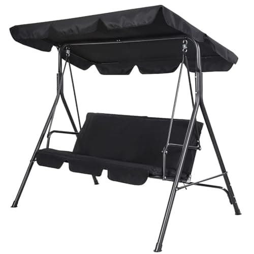 Image of 3 Seater Garden Swing Chair - Black Seat Hammock Swinging Metal Terrace Shade Sun Protection Canopy Bench | Thick Padded Cushion | Waterproof Outdoor Garden | Adjustable Canopy