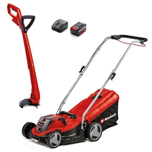 Image of Einhell Power X-Change 18/33 Cordless Lawnmower and Strimmer Set - GE-CM 18/33 Li Battery Lawn Mower with Battery and Charger + GC-CT 18/24 P Li Grass Trimmer Set with 20 Replacement Blades