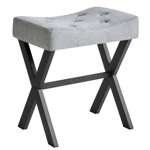 Image of IBUYKE U-Shaped Linen Vanity Stool with X-Leg, Ottoman Seat Footrest, Multi-Use as Small Side Table for Bedroom, Living Room, Blue Gray WBD018L