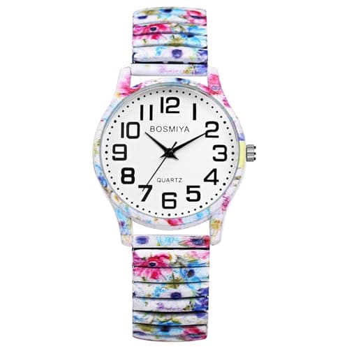 Image of Oidea Women's Easy Reader Watch: Big Face Large Number Elastic Strap Watches for Women Bohemian Print Stretch Band Wrist Watch Analog Quartz Casual Business Ladies Wristwatch